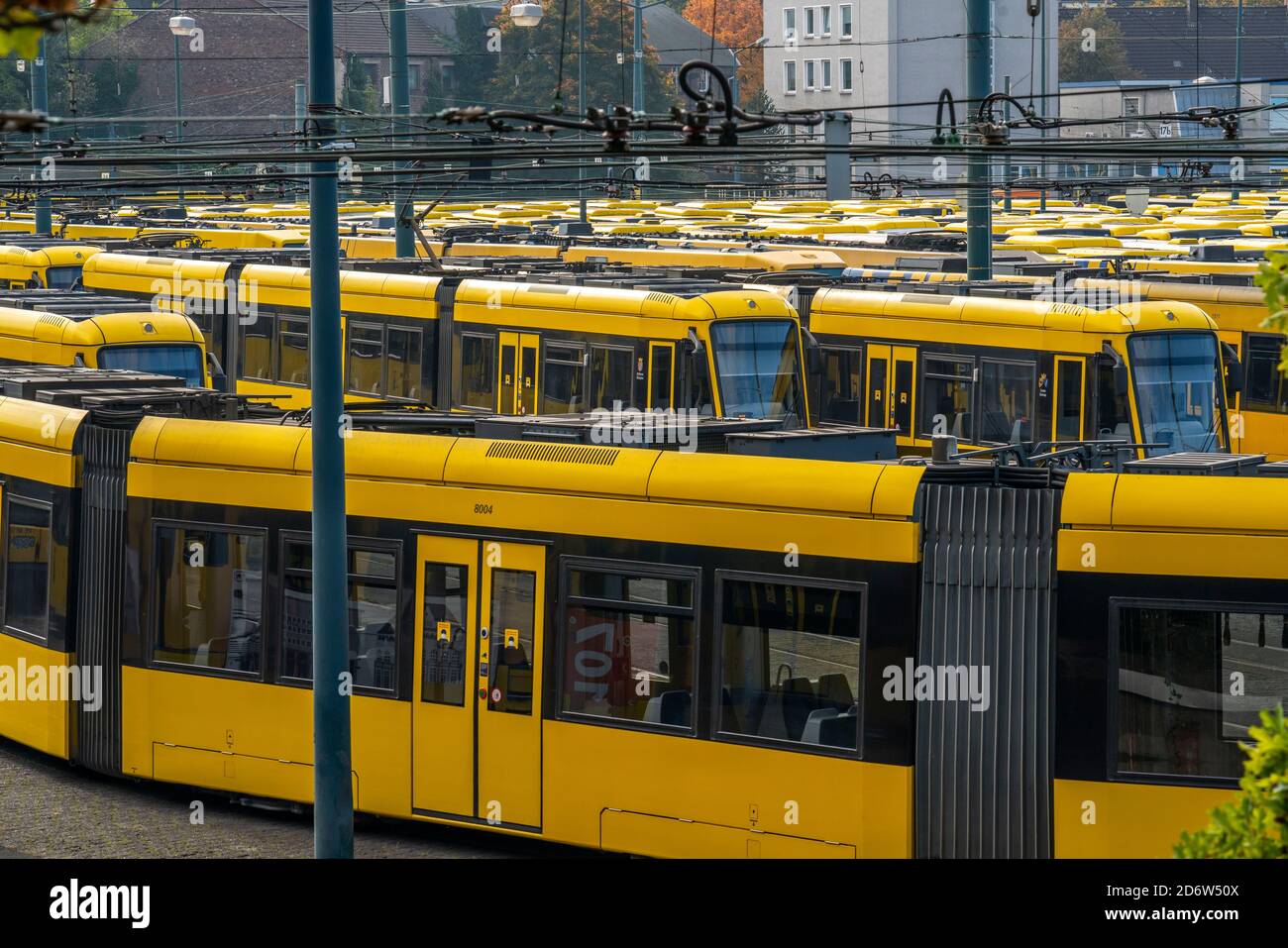 Bus and tram depot of the Ruhrbahn, local transport company, in Essen, all trains remained in the depot,  union Verdi warning strike in public transpo Stock Photo