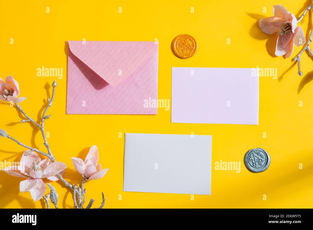 Download Congratulation Festive Background Decorated Mockup Paper Letters Wax Seals And Tender Artificial Pink Flowers On A Yellow Background With Hard Shadow Stock Photo Alamy