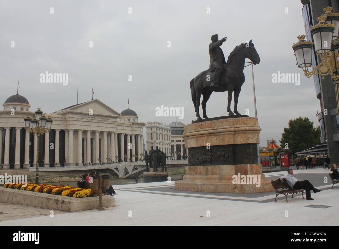 The Vardar river bank and the Macedonian museum in Skopje city in North Macedonia Stock Photo