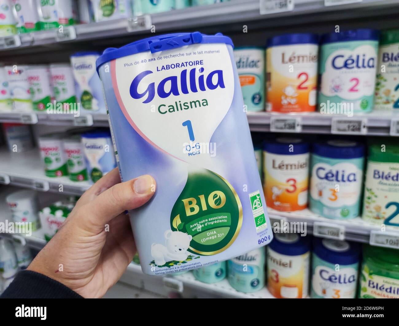Puilboreau, France - October 14, 2020:A consumer chooses a box of Gallia  brand baby milk from the baby food section of a supermarket Stock Photo -  Alamy