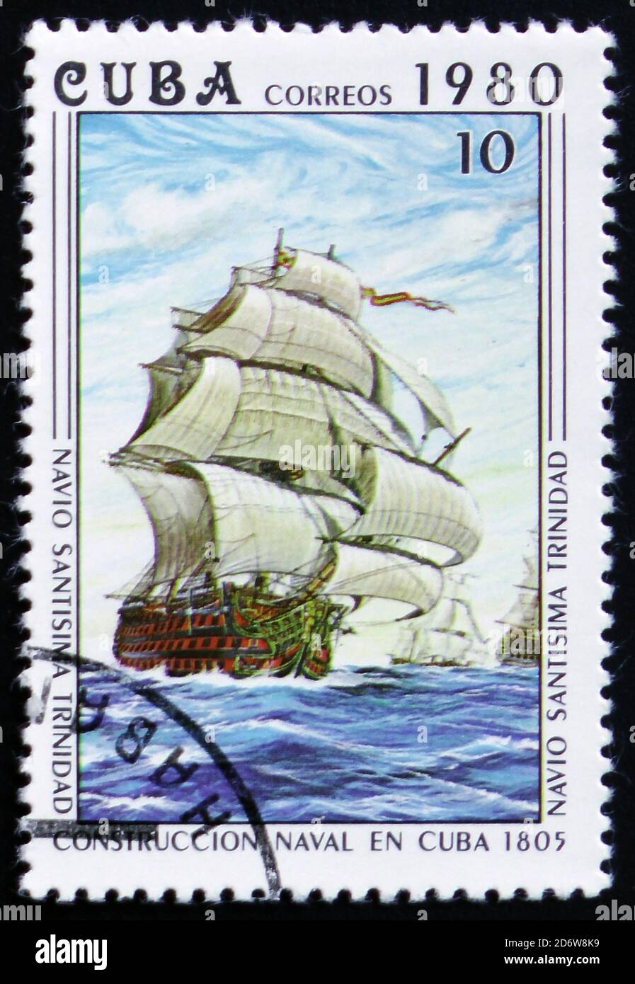 MOSCOW, RUSSIA - FEBRUARY 12, 2017: A stamp printed in the Cuba shows Santisima Trinidad, 1805, Ship under Construction, Construction of Naval Vessels Stock Photo