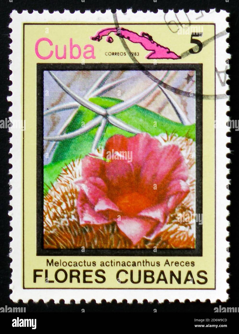 MOSCOW, RUSSIA - FEBRUARY 12, 2017: A stamp printed in Cuba shows Melocactus actinacanthus areces and map of Cuba, serie Flowers of Cuba, circa 1983 Stock Photo