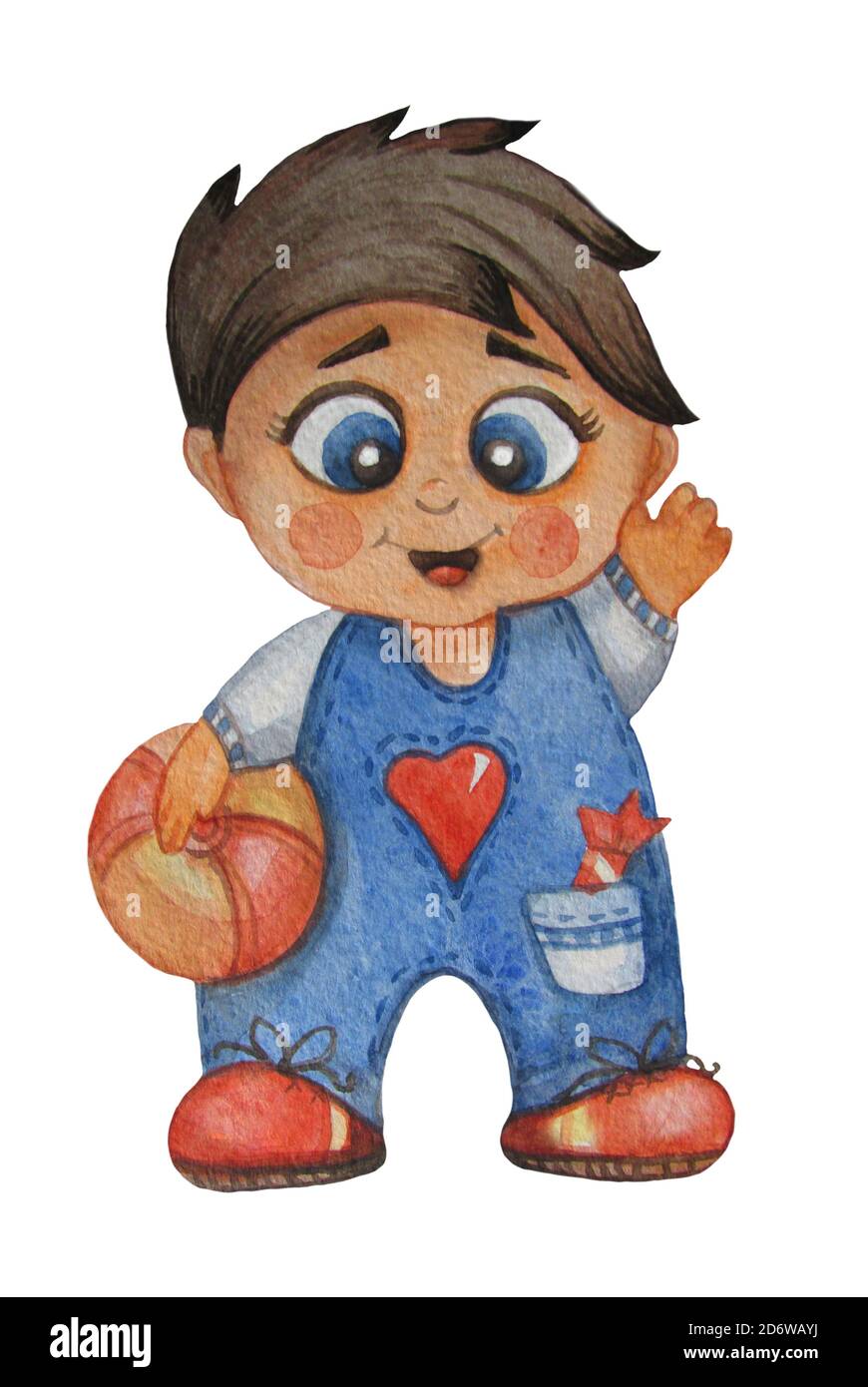 Kids illustrations. Cute and smiling little boy in overalls with a ball