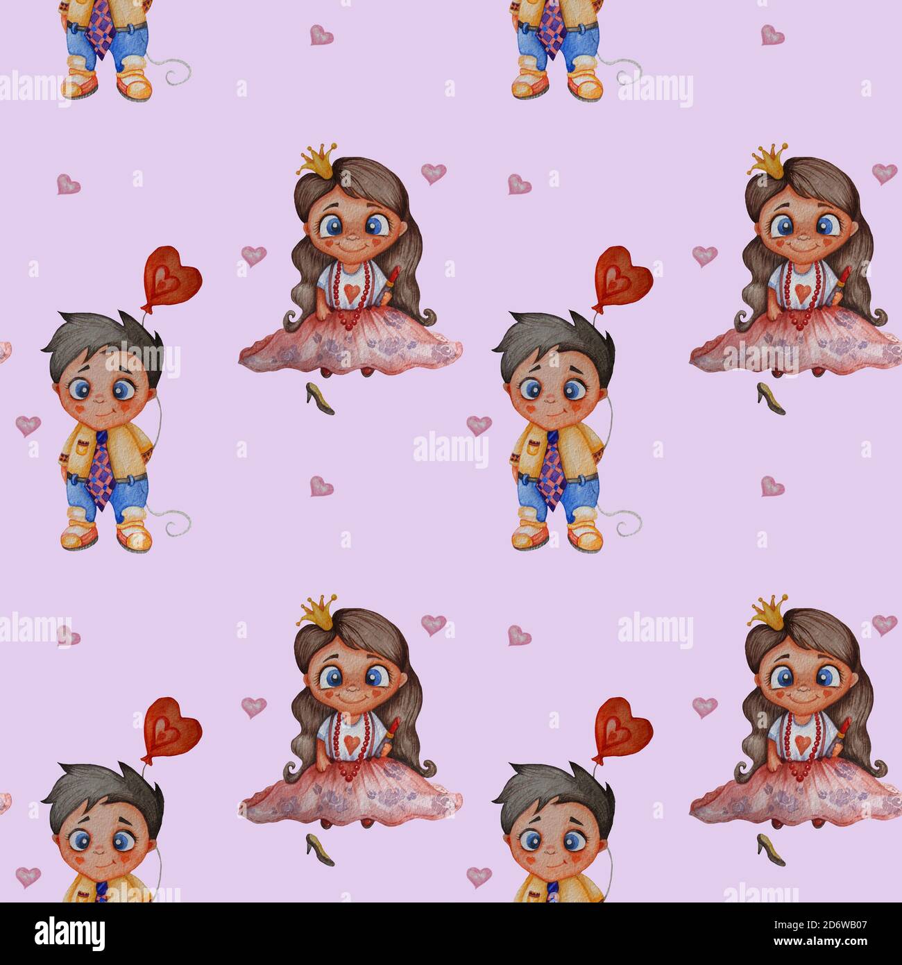 Cute kids. Seamless patterns. A couple in love - a girl-princess with ...