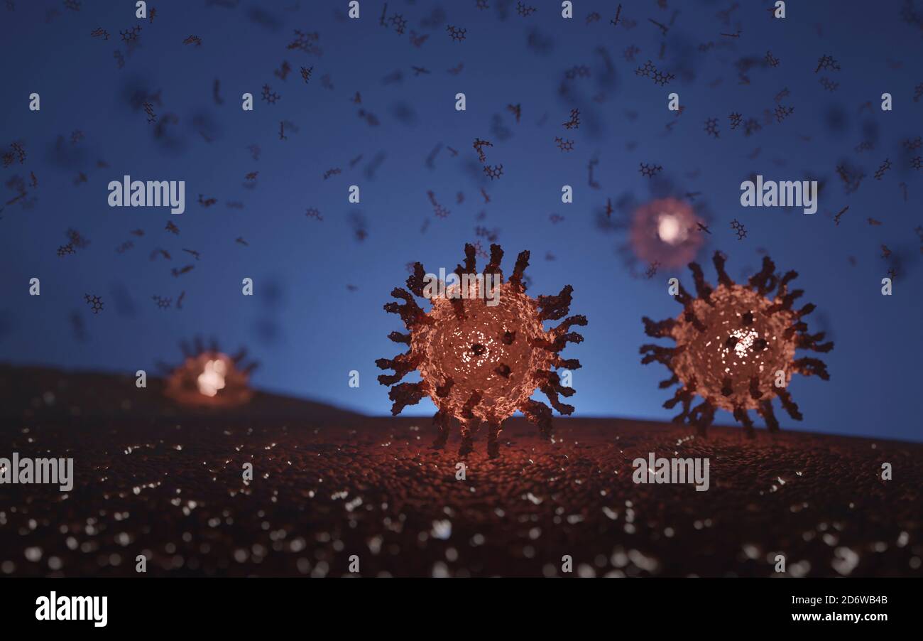 Poliovirus with receptors (spikes). An infectious disease causing polio