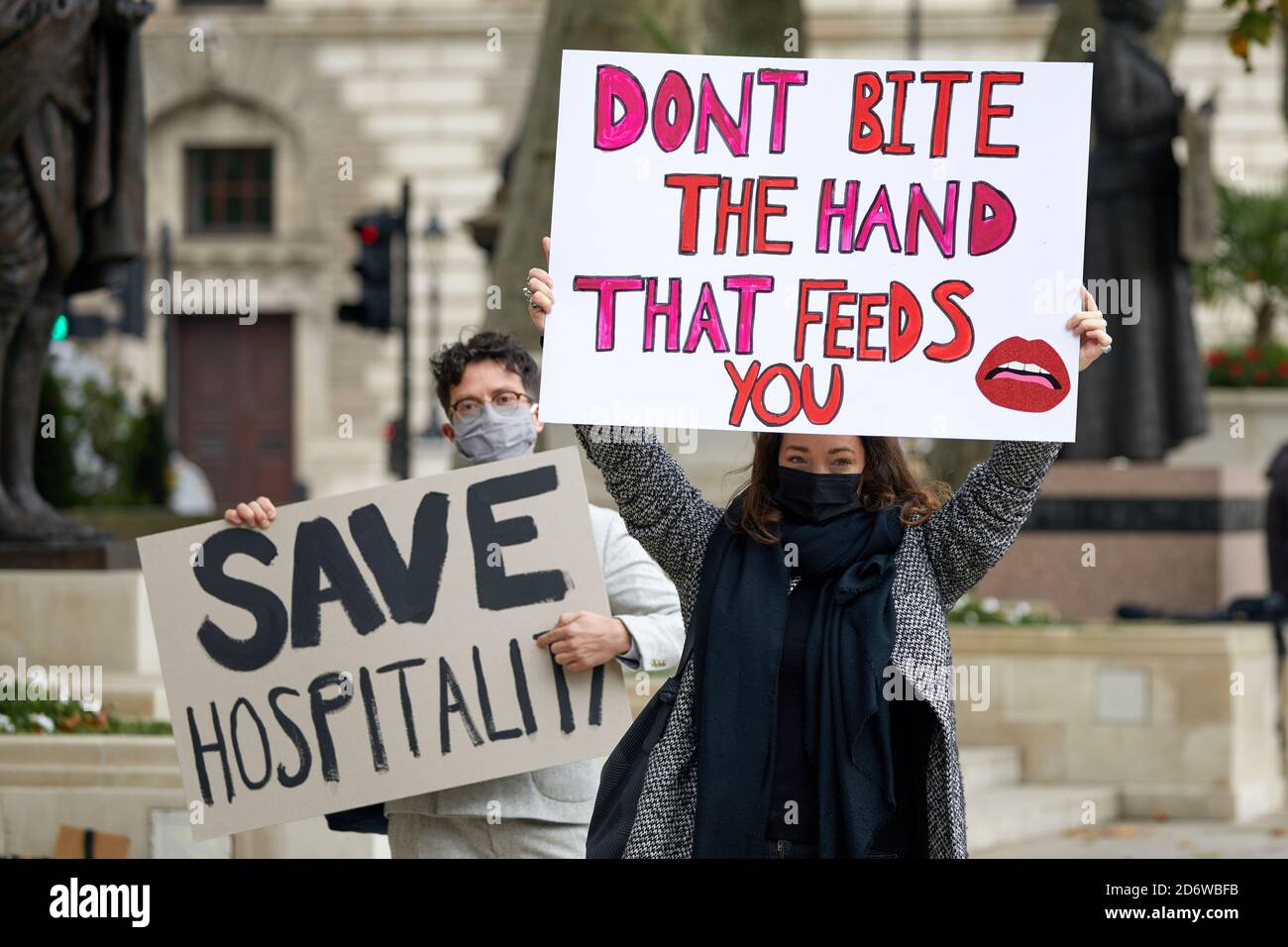 London, UK. - 19 Oct 2020: Hospitality workers protest in Parliament Square against the UK’s coronavirus restrictions, which they say will devastate their industry. Stock Photo