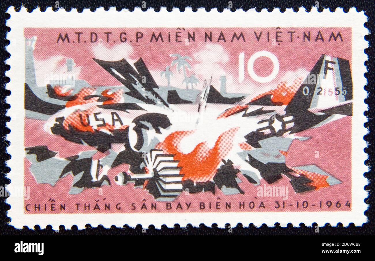 MOSCOW RUSSIA - NOVEMBER 25, 2012: A stamp dedicated Air attack of USA base in Vietnam, 30 km from Saigon on 31.10.1964 Stock Photo