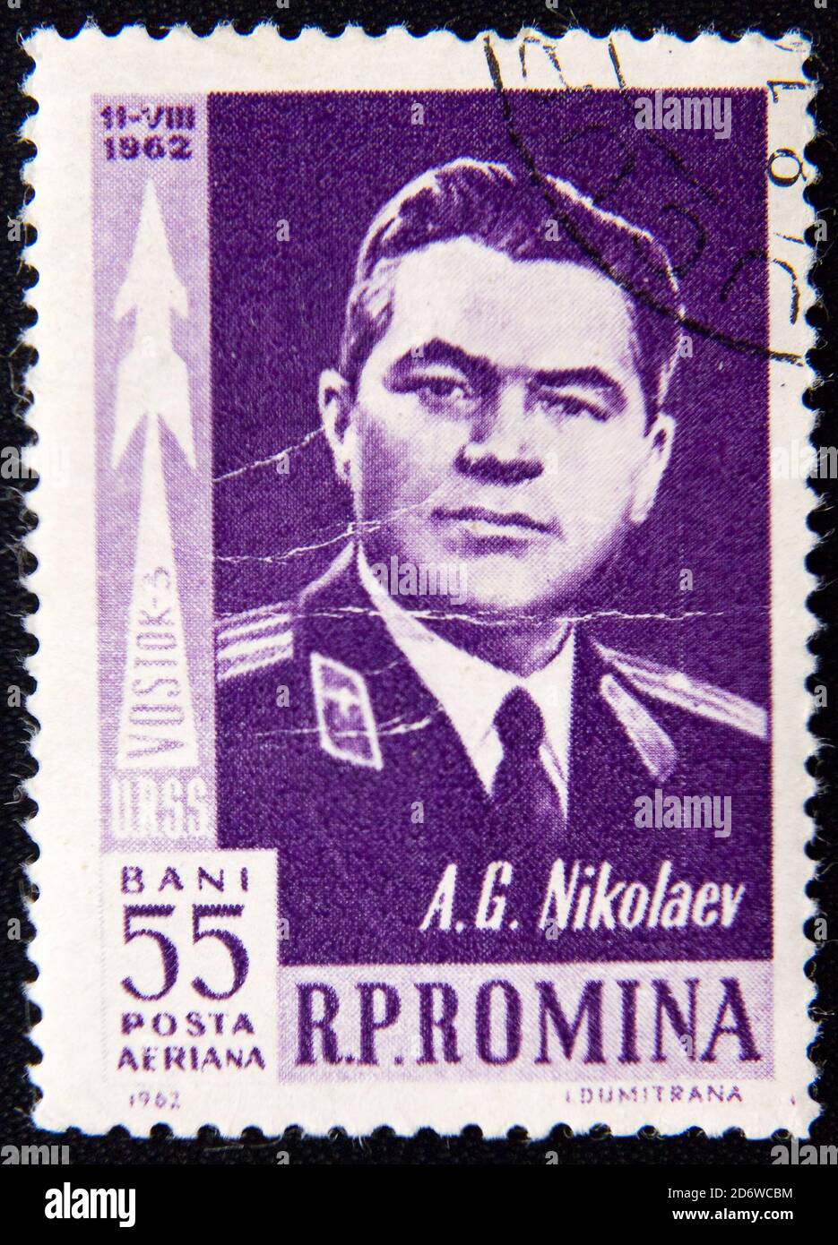 MOSCOW RUSSIA - NOVEMBER 25, 2012: Romania circa shows astronaut A. Nikolaev and Vostok-3 spaceship, circa 1962 Stock Photo