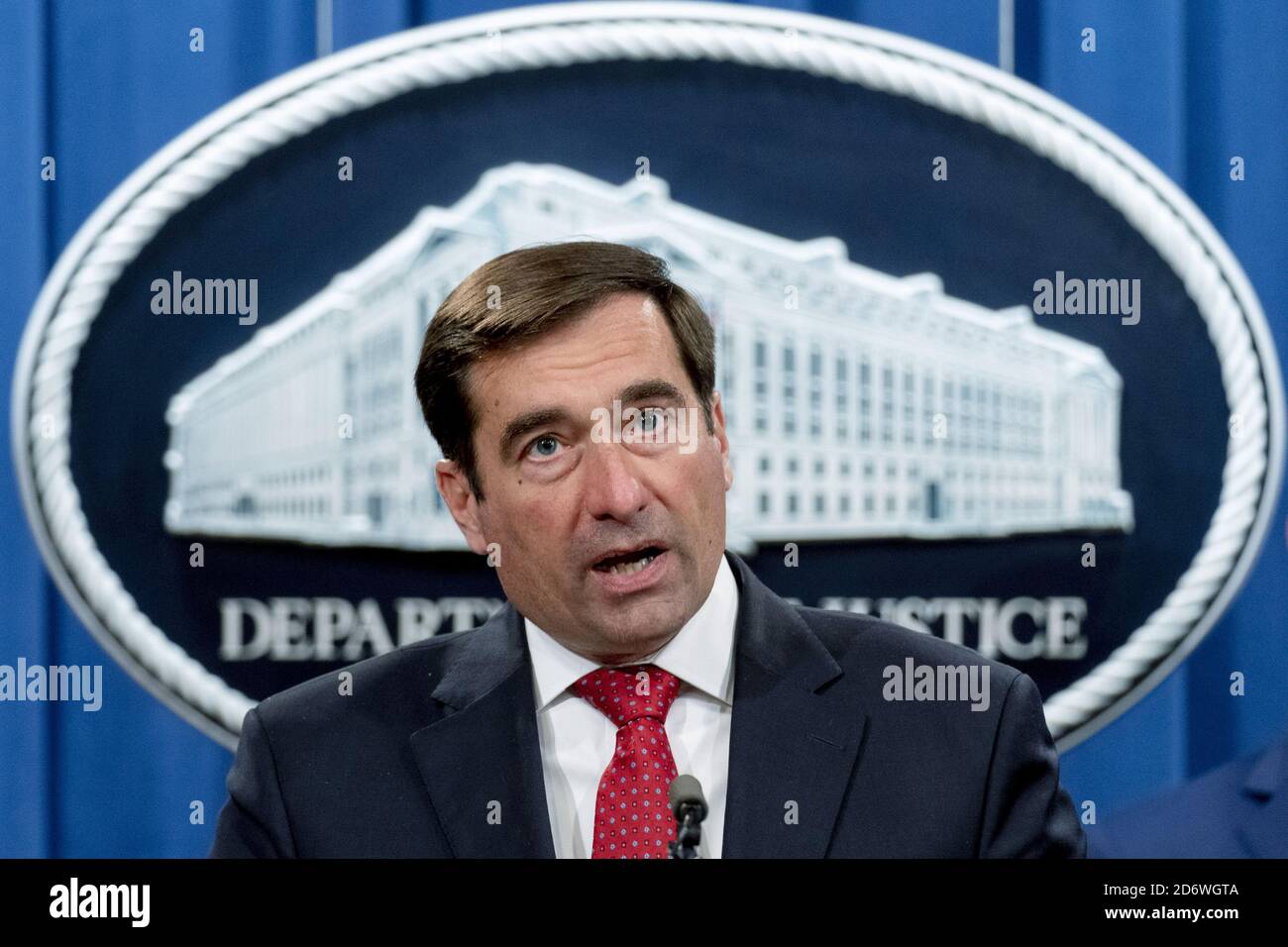 Washington, United States. 19th Oct, 2020. Assistant Attorney General for the National Security Division John Demers speaks at a news conference at the Department of Justice, Monday, October 19, 2020, in Washington, DC. Six Russian Military Intelligence agency (GRU) officers were charged by a Pittsburgh grand jury in regards to computer hacking. Pool Photo by Andrew Harnik/UPI Credit: UPI/Alamy Live News Stock Photo
