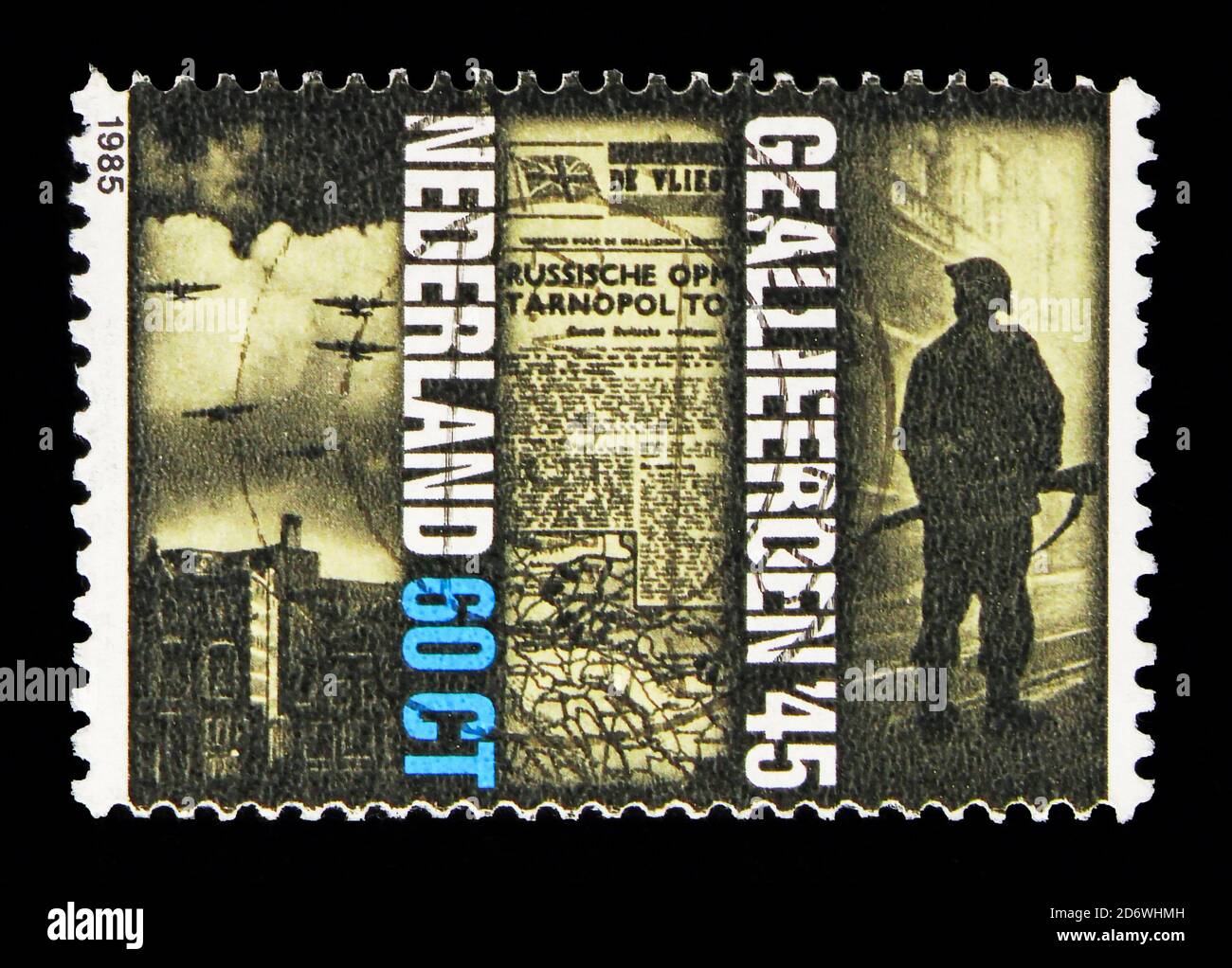 MOSCOW, RUSSIA - MAY 13, 2018: A stamp printed in Netherlands shows Facets of the War 1940-1945 Allies 1945, Resistance and Liberation serie, circa 19 Stock Photo