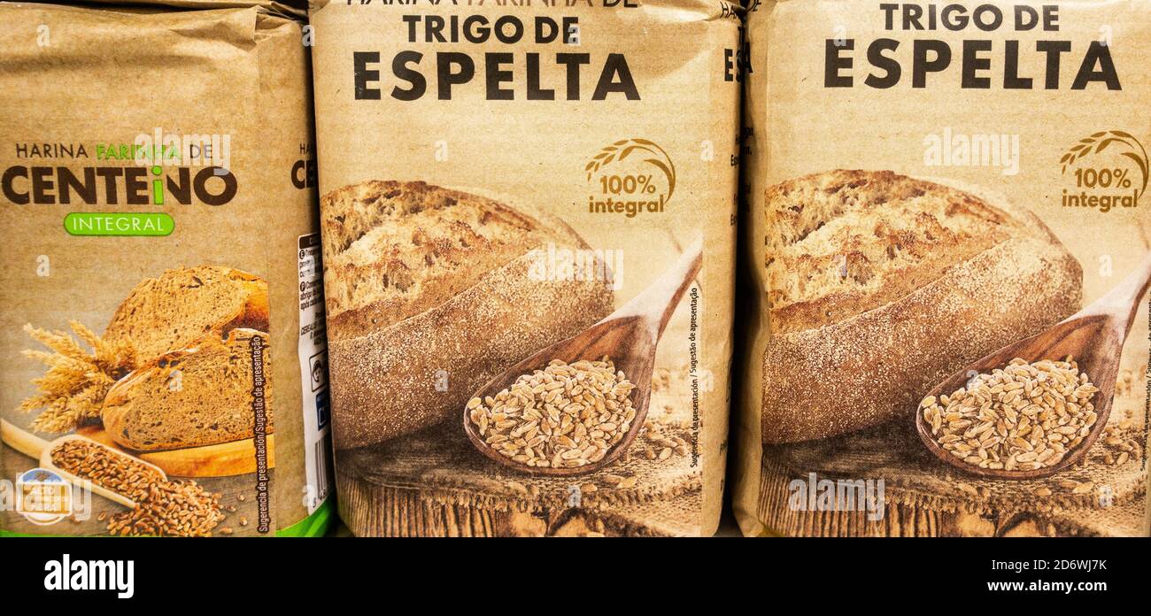 Rye flour (Centeno in Spanish) and Spelt flour (Espelta in Spanish) in supermarket in Spain Stock Photo