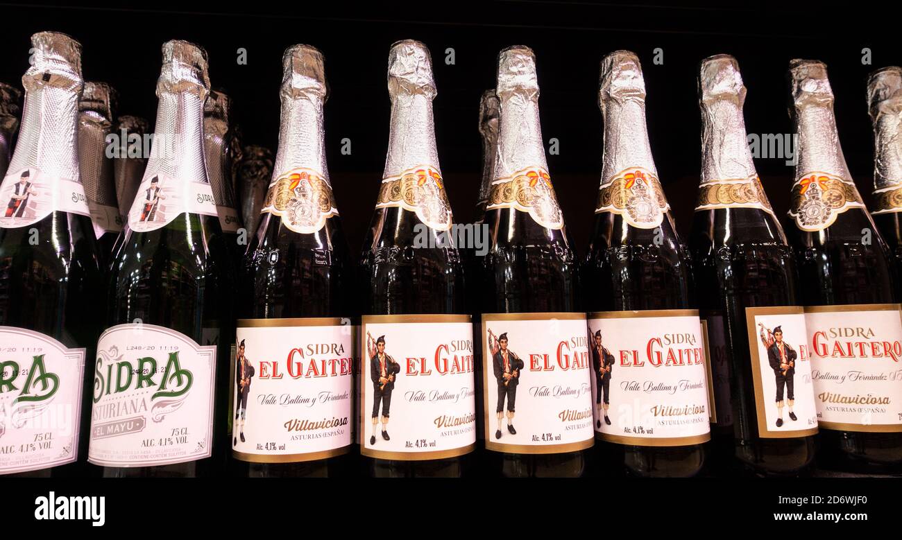 Cider (Sidra in Spanish) from Asturias in supermarket in Spain Stock