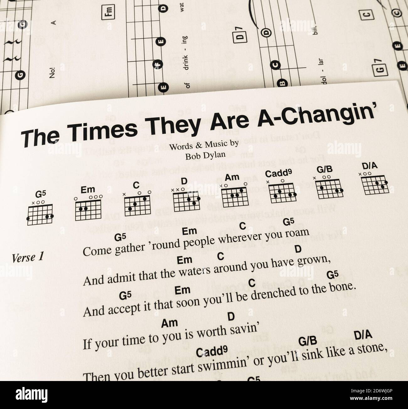 Bob Dylan guitar chords and lyrics for The Times They are a Changin´. Stock Photo