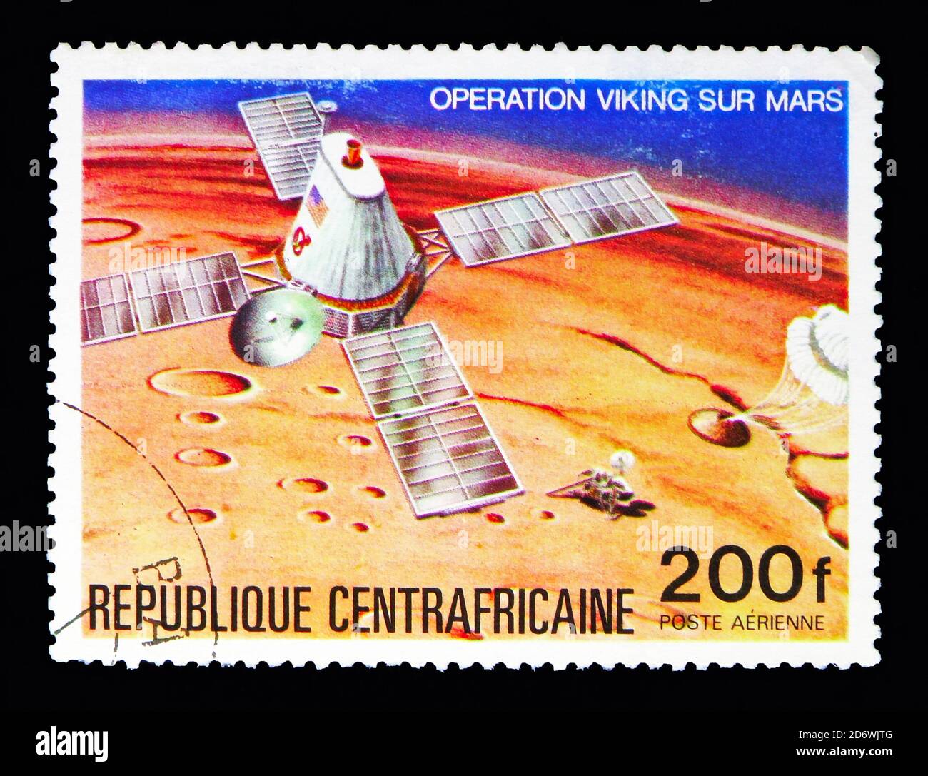 MOSCOW, RUSSIA - MAY 13, 2018: A stamp printed in Central African Republic shows Viking descending on Mars, Viking Program serie, circa 1976 Stock Photo