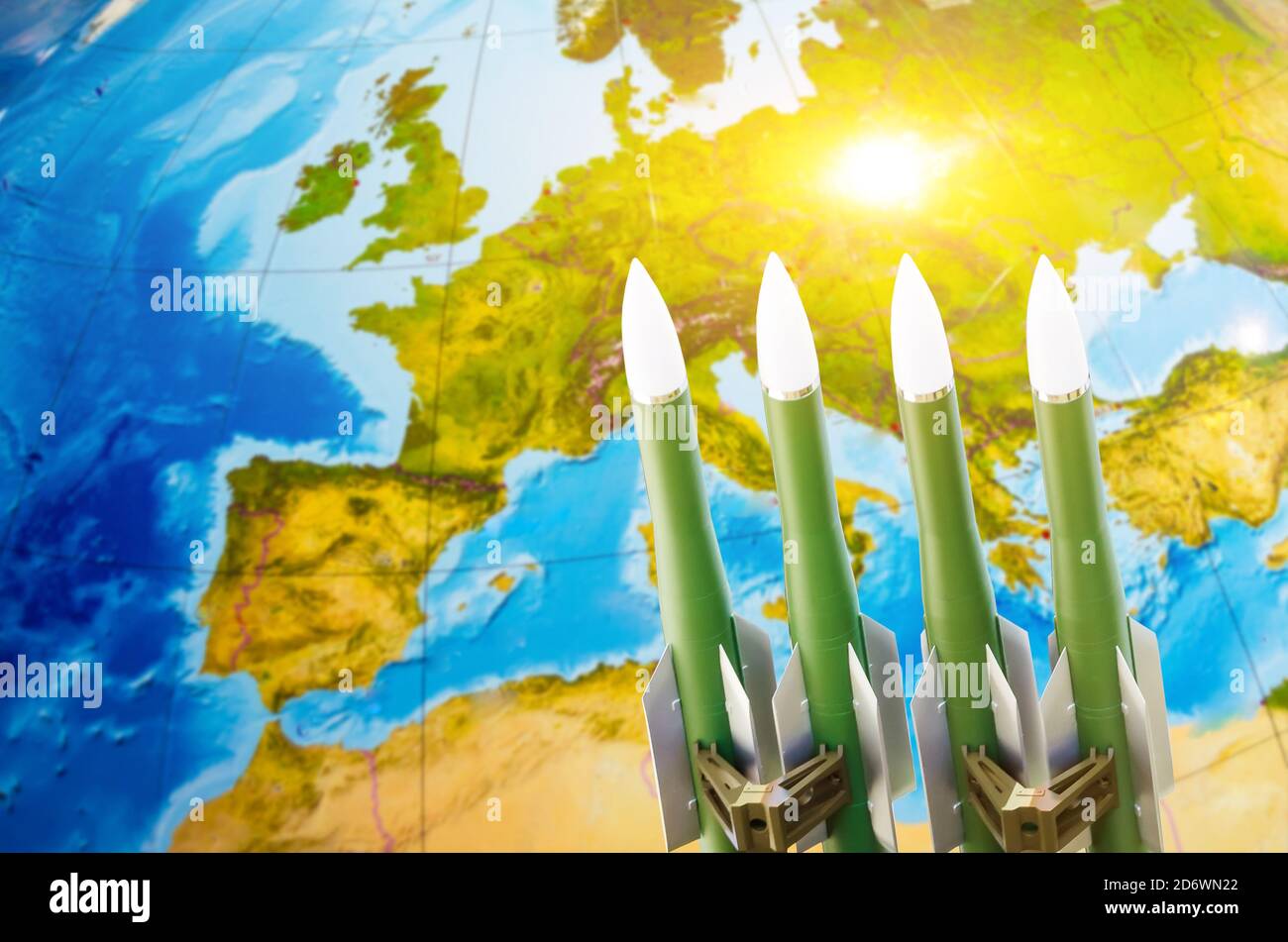 Race of weapons, nuclear weapons, the threat of war in the world. Missiles against the background of Europe Stock Photo
