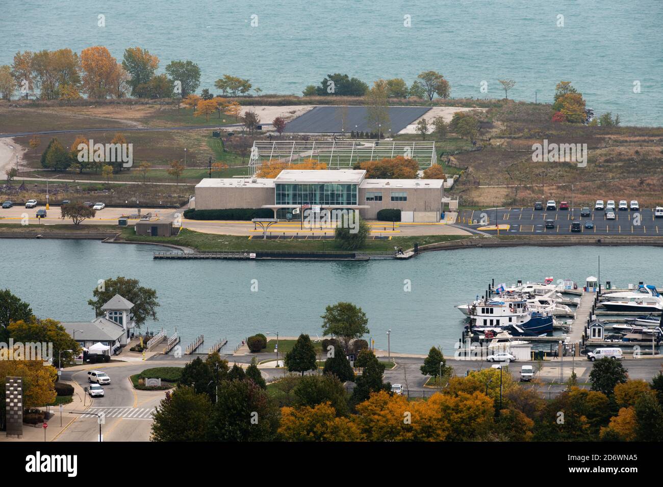 Aerial view of Meigs Field terminal on Northerly Island Stock Photo