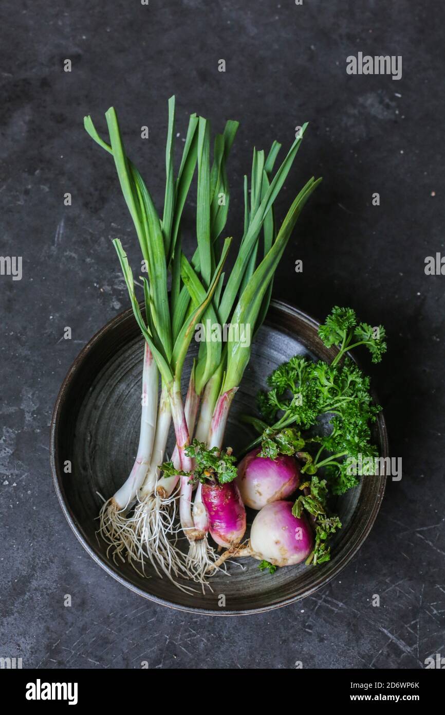 Garlic, turnips and parsley. Stock Photo