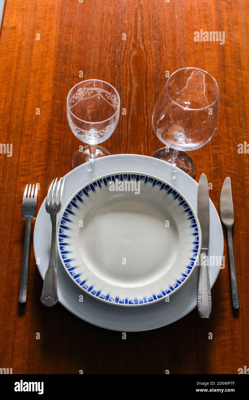 Tableware placed on a table. Stock Photo