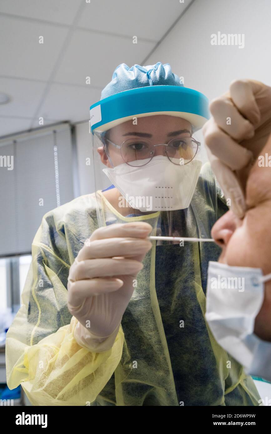 Covid 19 PCR screening test, nasal swab , Cosem Mirosmenil Medical Center, Paris. Stock Photo