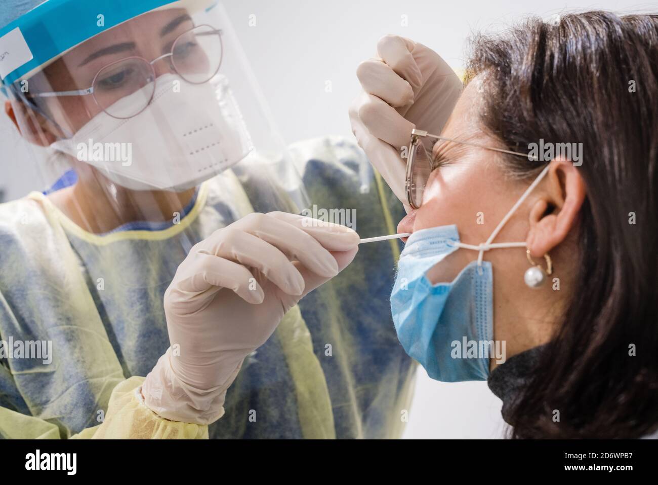 Covid 19 PCR screening test, nasal swab , Cosem Mirosmenil Medical Center, Paris. Stock Photo