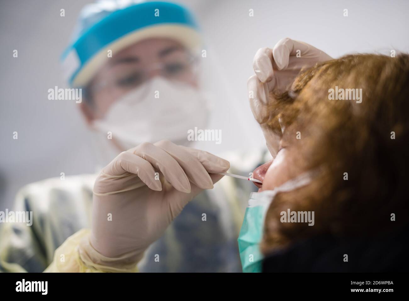 Covid 19 PCR screening test, nasal swab , Cosem Mirosmenil Medical Center, Paris. Stock Photo