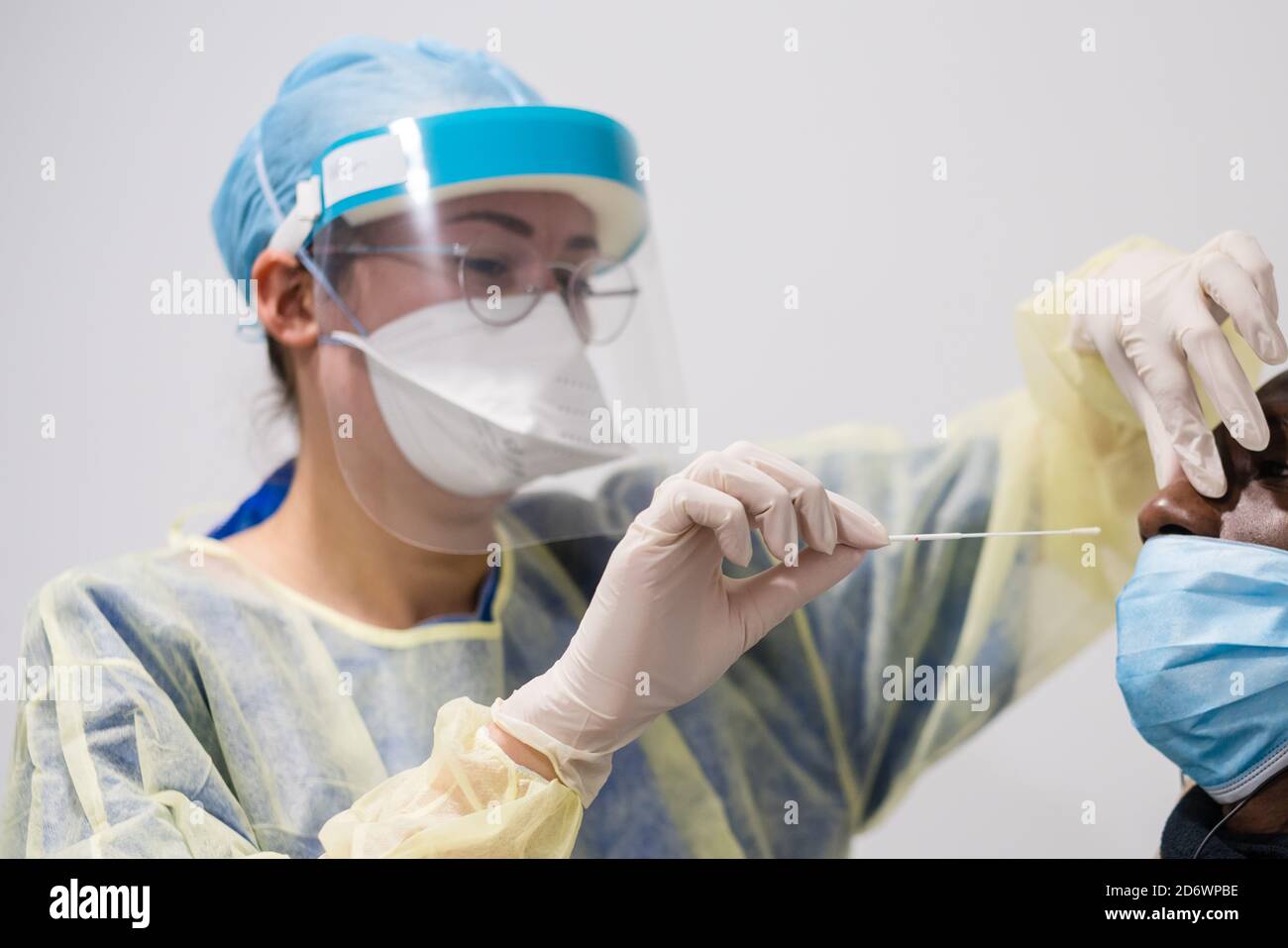 Covid 19 PCR screening test, nasal swab , Cosem Mirosmenil Medical Center, Paris. Stock Photo