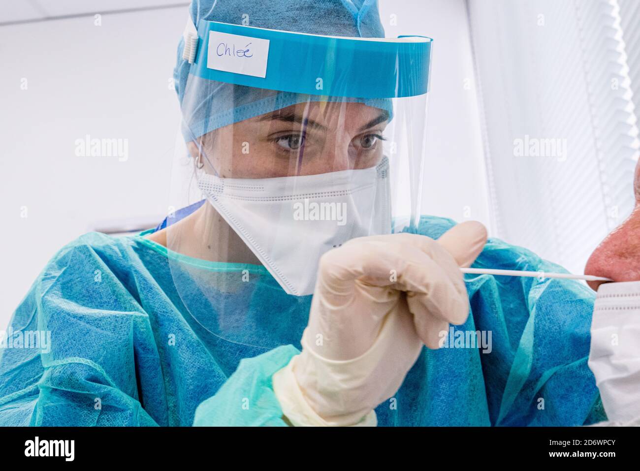 Covid 19 PCR screening test, nasal swab , Cosem Mirosmenil Medical Center, Paris. Stock Photo