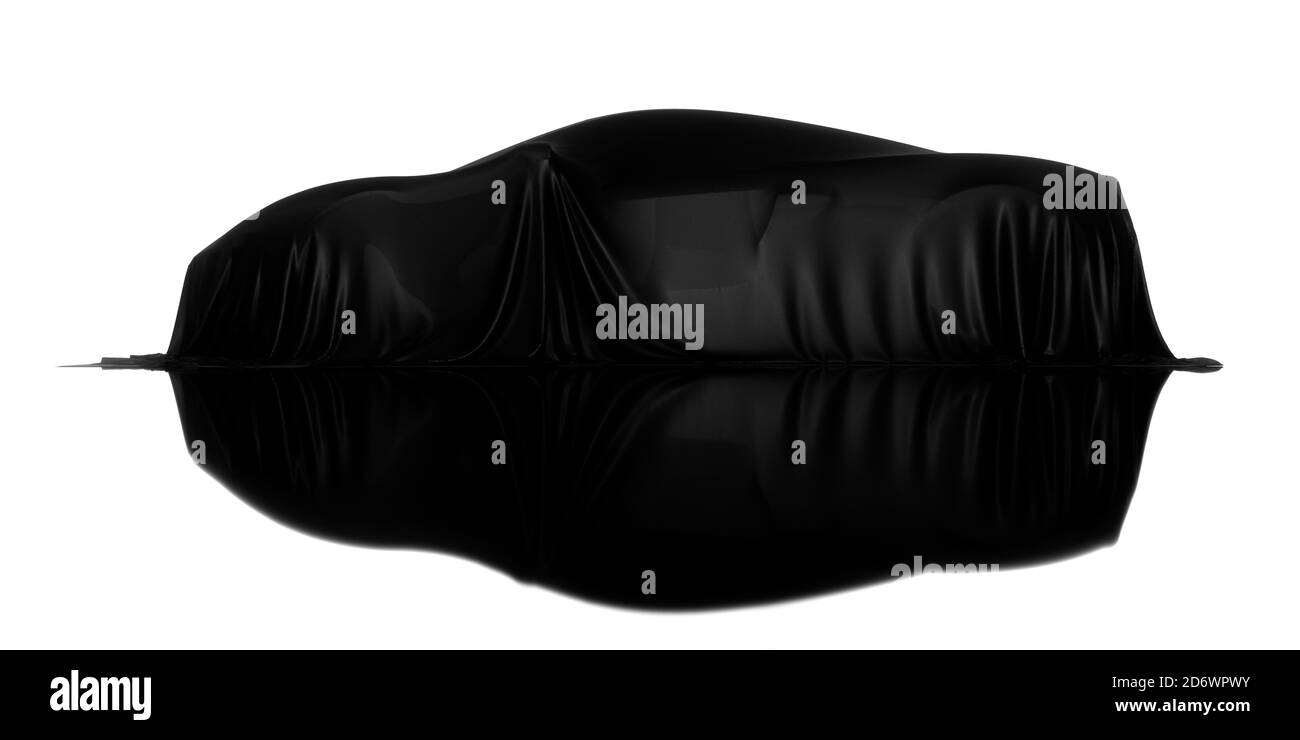 New racing design car covered with black cloth on the mirror floor. 3d rendering illustration isolated Stock Photo