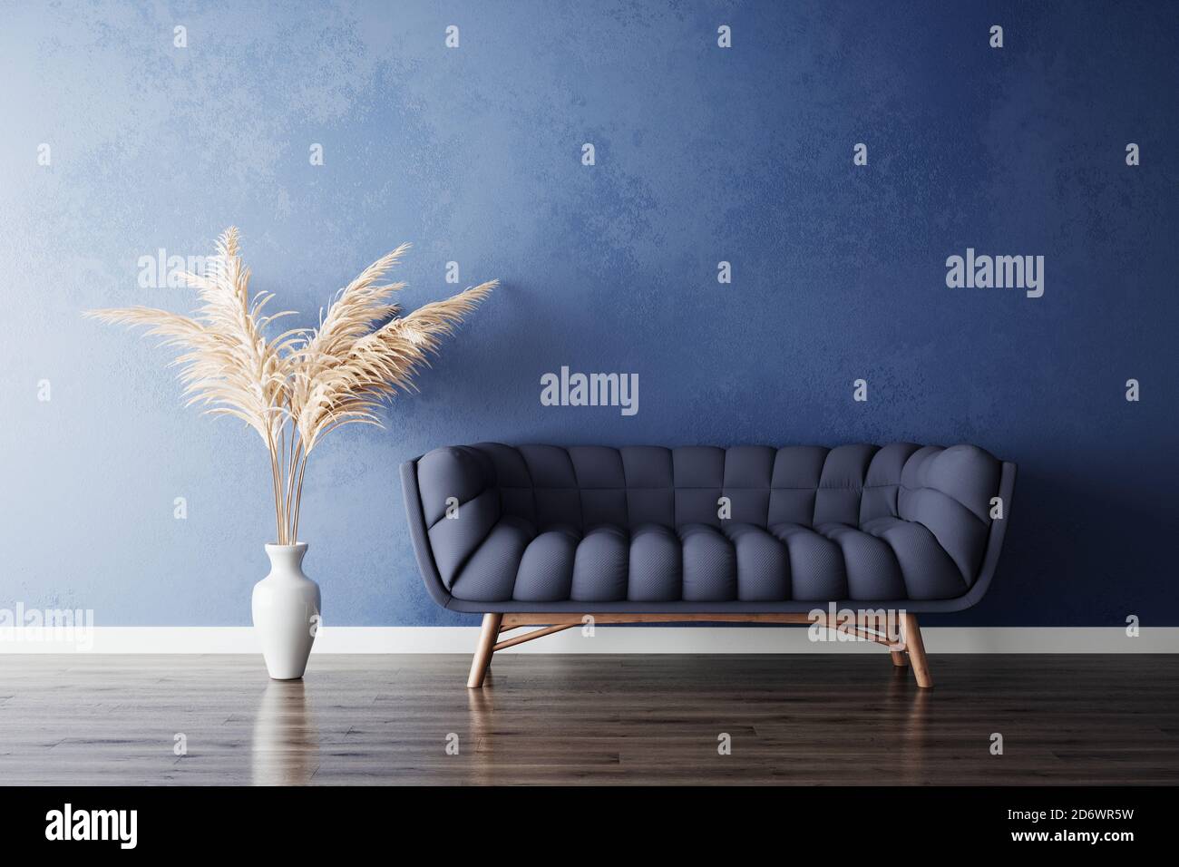 Blue sofa and white pampas grass vase in new simple living room. 3d rendering illustration Stock Photo