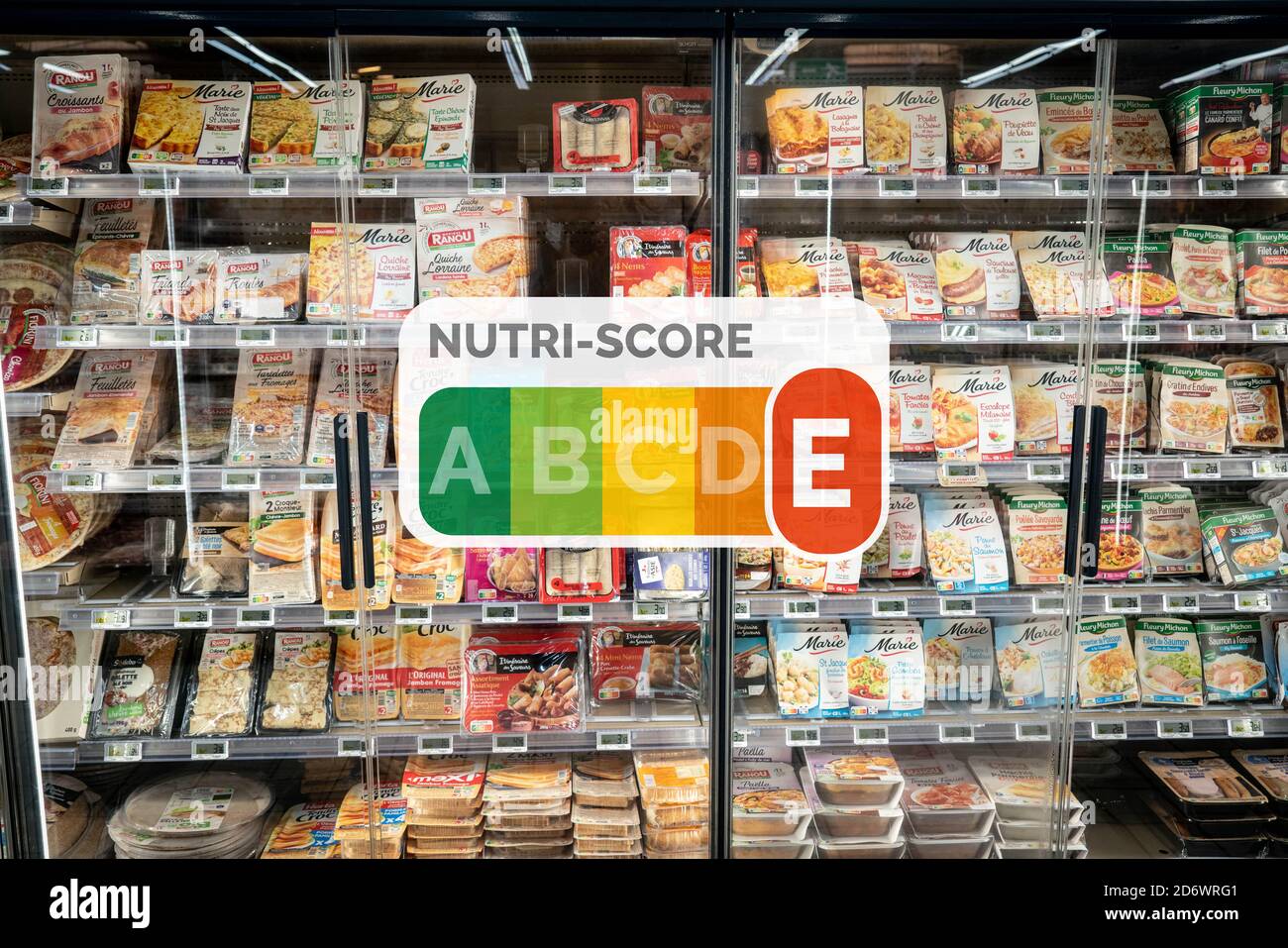 Concept on the nutrition information system in 5 colors NUTRI-SCORE, France. Stock Photo