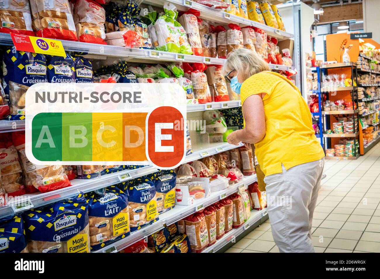 Concept on the nutrition information system in 5 colors NUTRI-SCORE, France. Stock Photo