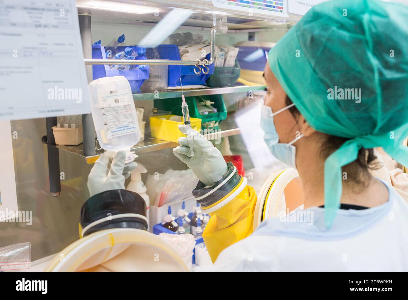 Preparation of chemotherapy treatments. Bordeaux University Hospital Pharmacy, France. Stock Photo