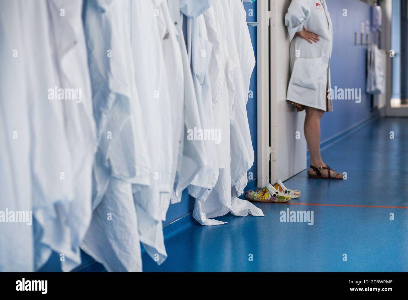White coats in the hallway of a hospital, France. Stock Photo