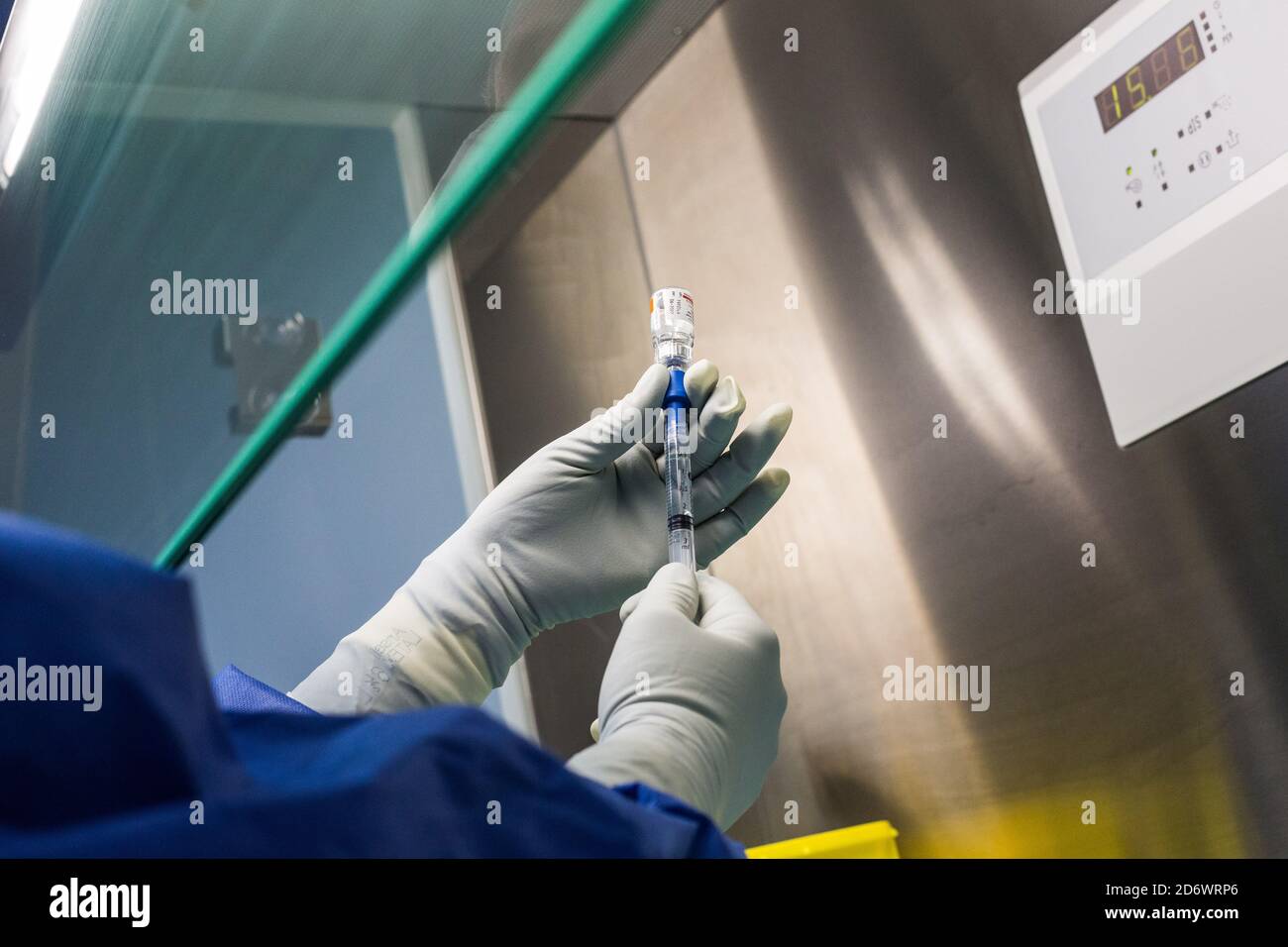 Production of chemotherapy and biotherapy treatments in a hospital pharmacy, France. Stock Photo