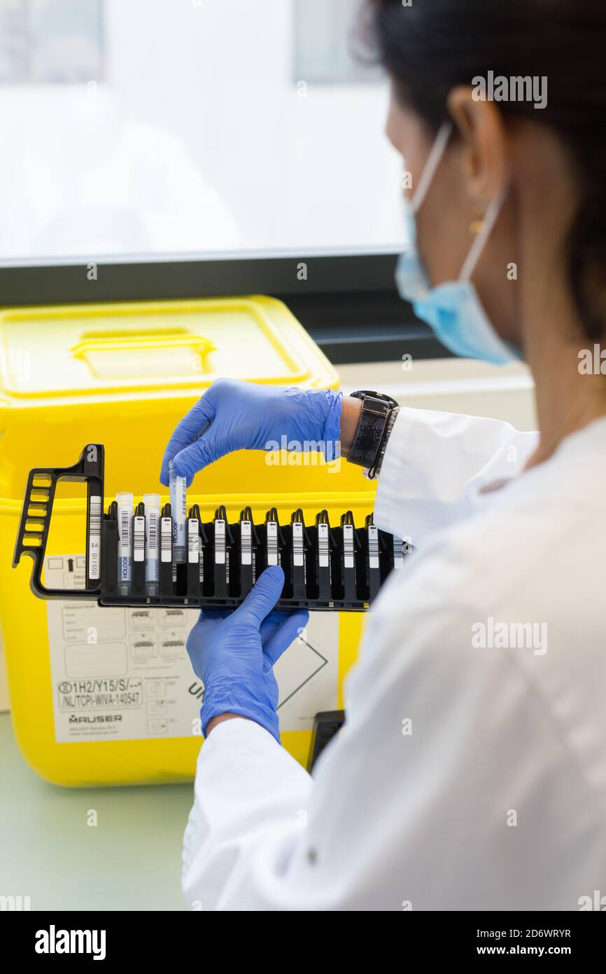 Loading of the reagents of COVID-19 screening PCR test samples in the automatic machine, Limoges hospital analysis laboratory, France. Stock Photo