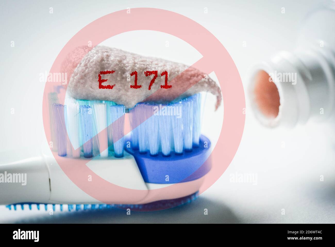 Toothpaste containing titanium dioxide, food additive E171. Stock Photo