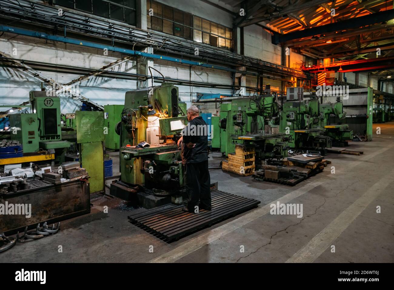 Working green lathe in the metalworking Stock Photo Alamy