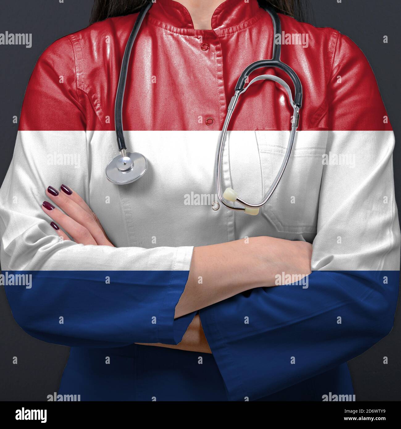Doctor representing healthcare system with National flag of Netherlands
