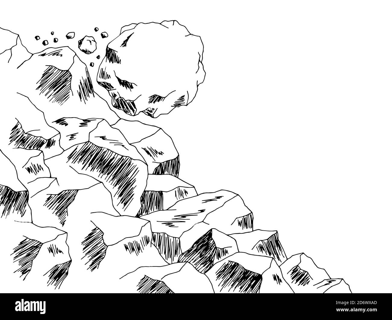 Stone rolls down the mountain graphic black white landscape sketch illustration vector Stock Vector