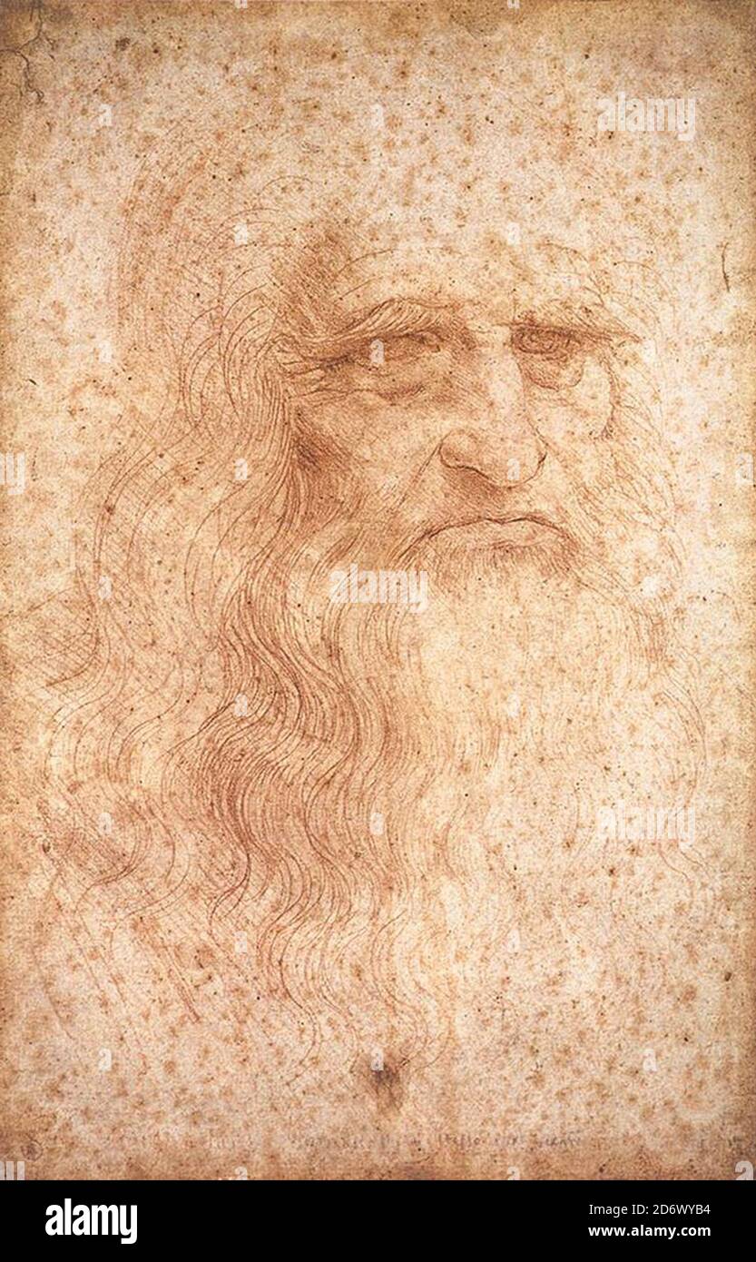 Title: Self-portrait Creator: Leonardo da Vinci Date: circa 1512 Dimensions: 33,3 x 21,3 cm Medium: red chalk on paper Location: Royal Library of Turin Stock Photo