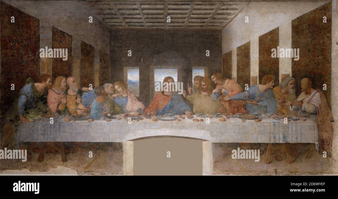 Title: The Last Supper Creator: Leonardo da Vinci Date: 1495-97 Dimensions: 4.6 m x 8.8 m Medium: Fresco Location: Santa Maria delle Grazie, Milan Stock Photo