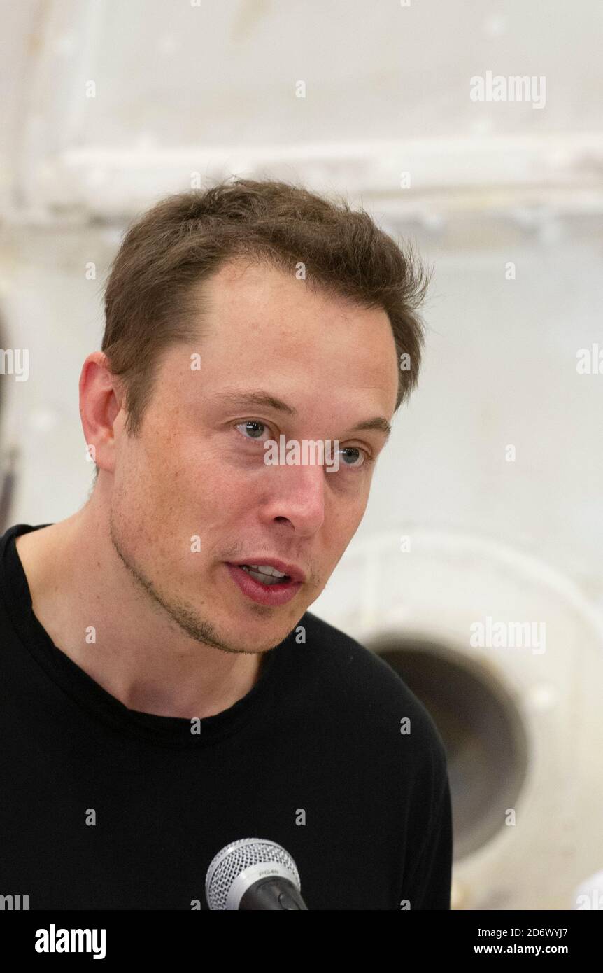 McGregor, Texas June 13, 2012: SpaceX CEO and Chief Designer Elon Musk answers questions about the private Dragon spacecraft that returned to earth May 31st after delivering supplies to the International Space Station. The facility outside of Waco, Texas is a major test site for SpaceX. Stock Photo
