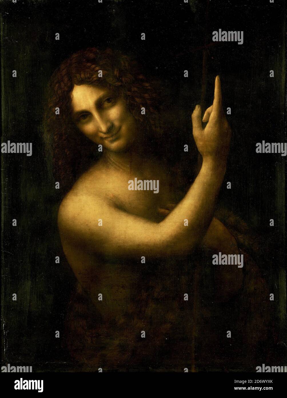 Title: St. John the Baptist Creator: Leonardo Da Vinci Date: 1513-16 Medium: oil on canvas Dimensions: 69x57 cm Location: Louvre, Paris Stock Photo