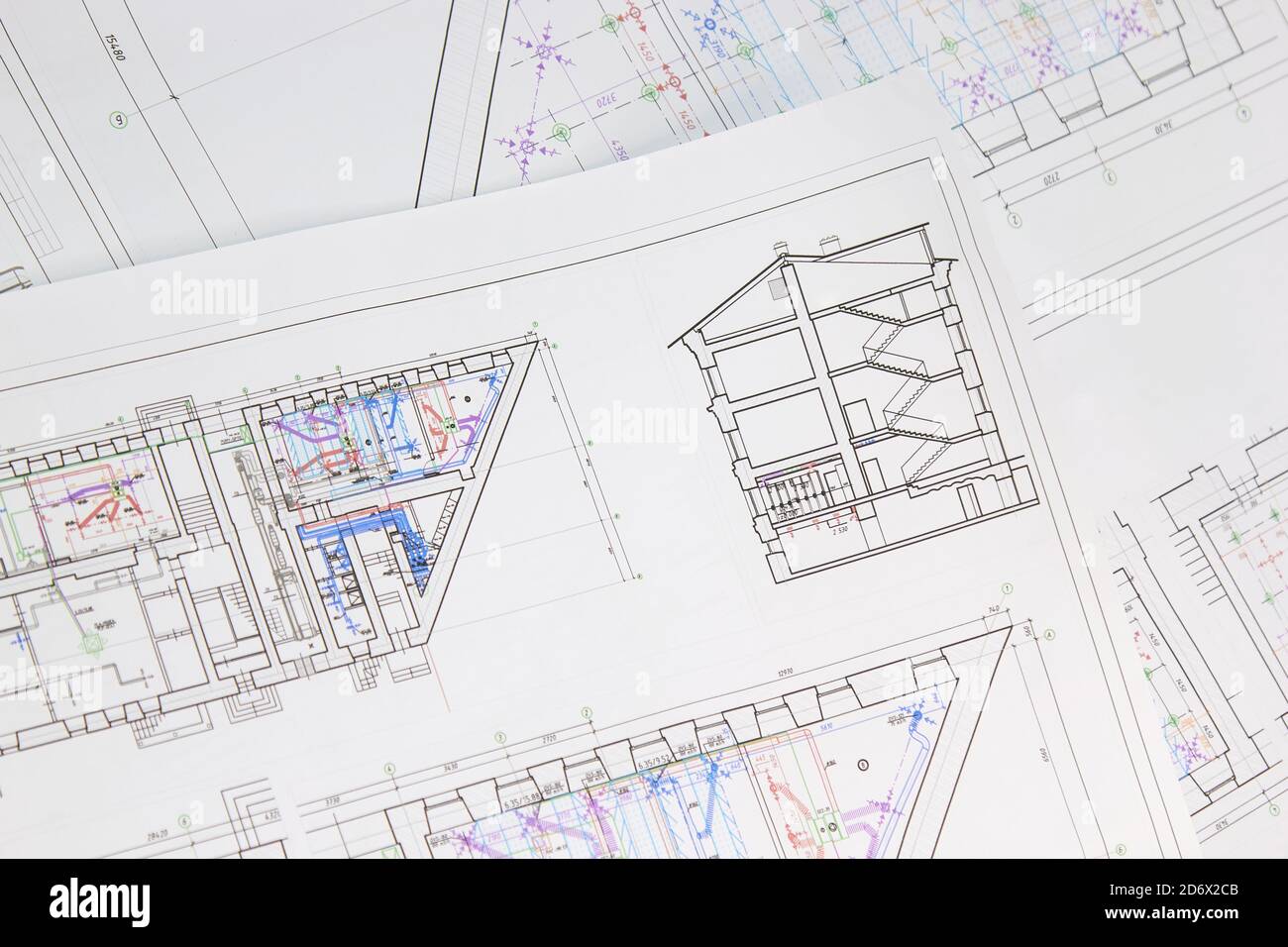 Architectural design, drawings, drawings are lying on the table ...