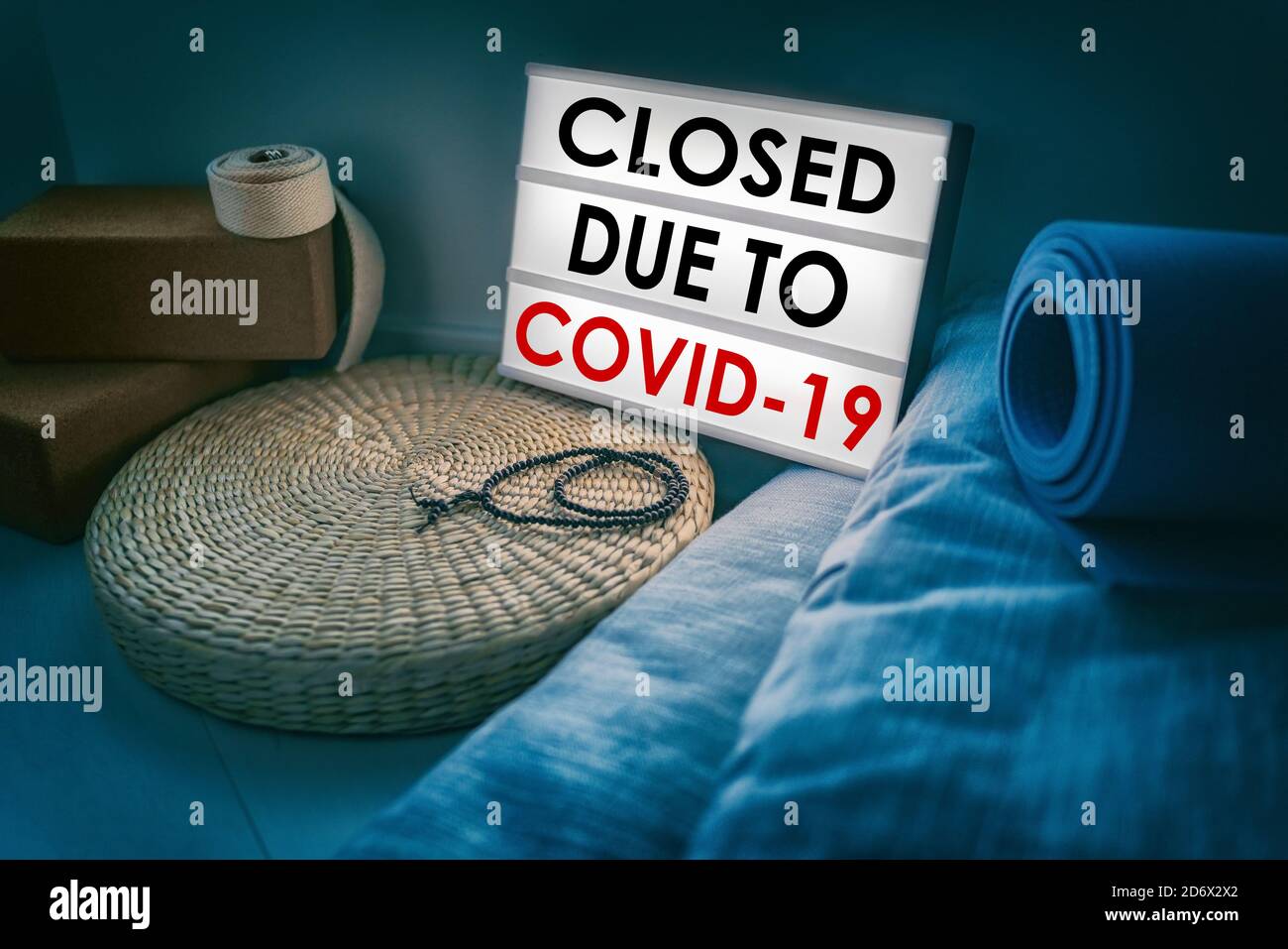 Business closed due to Coronavirus. Sign at yoga pilates indoor class fitness centre. Economic crash due to pandemic Stock Photo