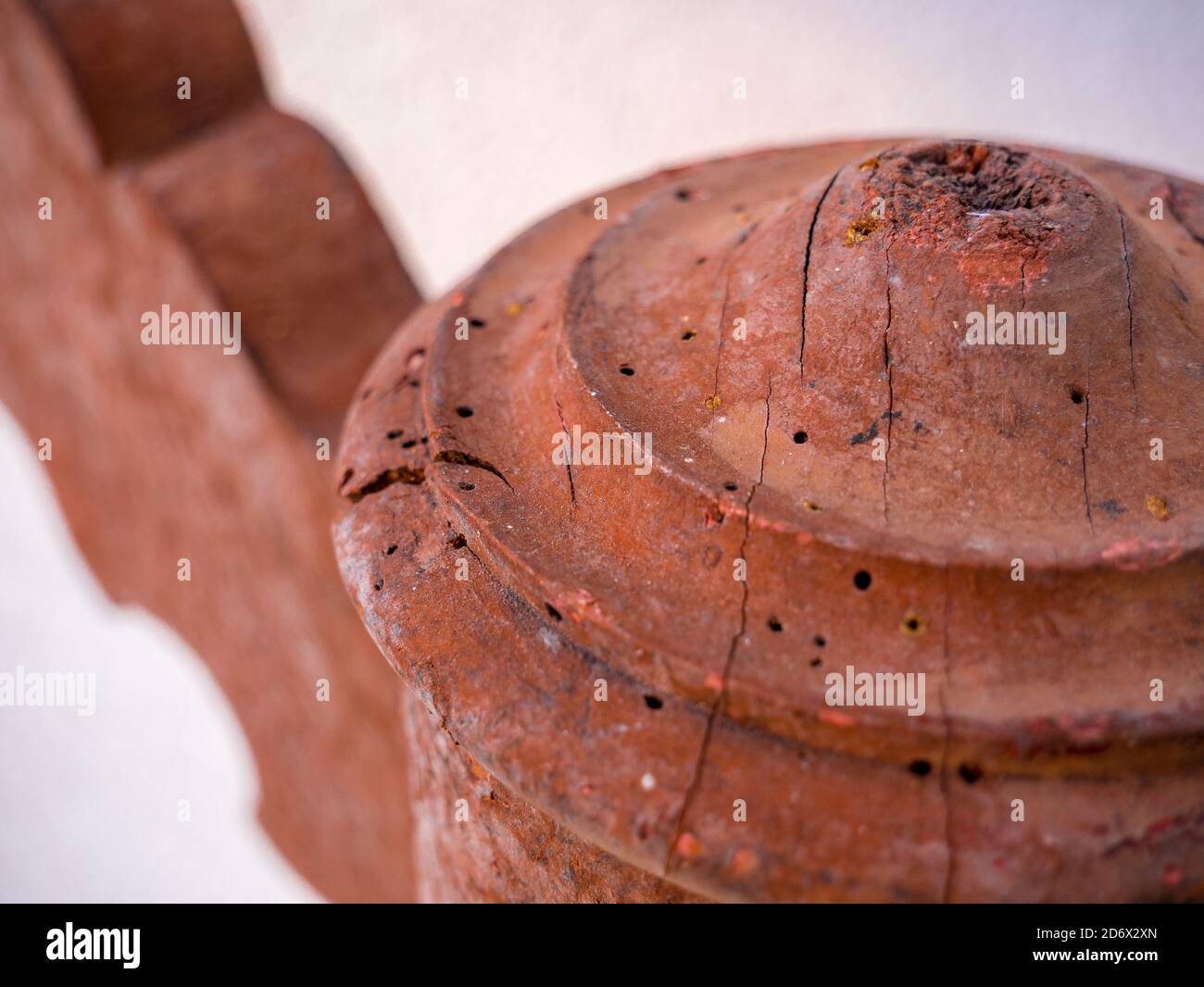 Wood worm holes in old wooden table Stock Photo