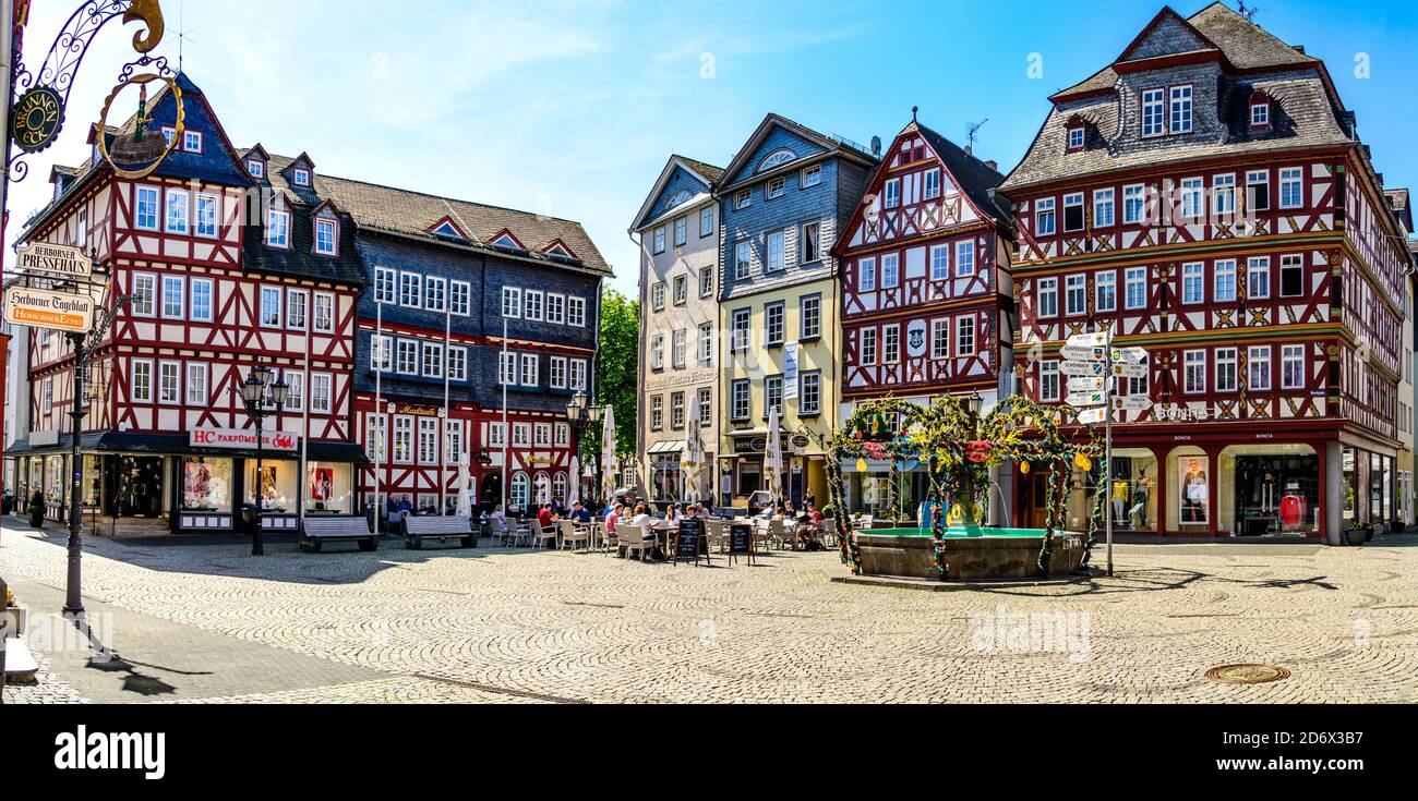 Herborn, Germany - April 22 2019: Half-timbered houses on Marketplace (Marktplatz) in Herborn. Hessen, Germany Stock Photo