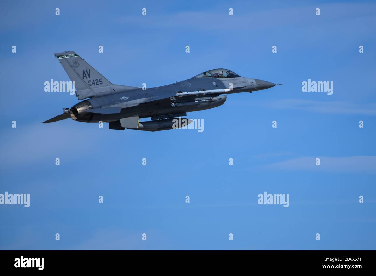 A U.S. Air Force F-16 Fighting Falcon assigned to the 555th Fighter Squadron, Aviano Air Base, Italy, takes flight over Graf Ignatievo Air Base, Bulgaria, during NATO enhanced Air Policing Allied mission, Oct. 15, 2020. Approximately 140 personnel and six F-16s from the 555th Fighter Squadron deployed in support of the Allied mission. The presence of U.S. fighter aircraft in Bulgaria demonstrates NATO nations working together, maintaining and developing effectiveness at all levels, sharing risks, burdens and costs. (U.S. Air Force photo by Airman 1st Class Ericka A. Woolever) Stock Photo