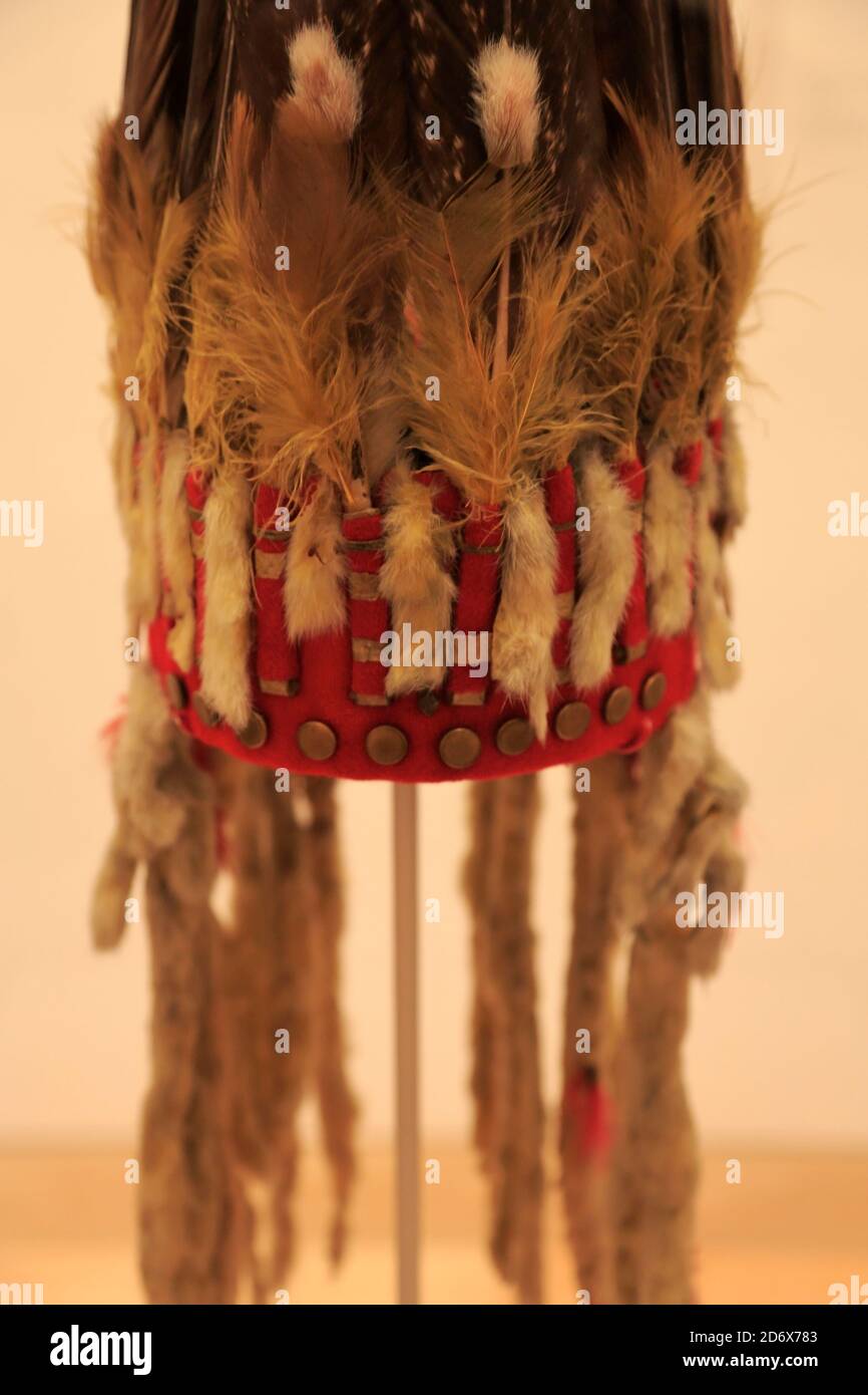 An antique Blackfoot Headdress from British Columbia Canada display in National Museum of the American Indian.New York City.New York.USA Stock Photo