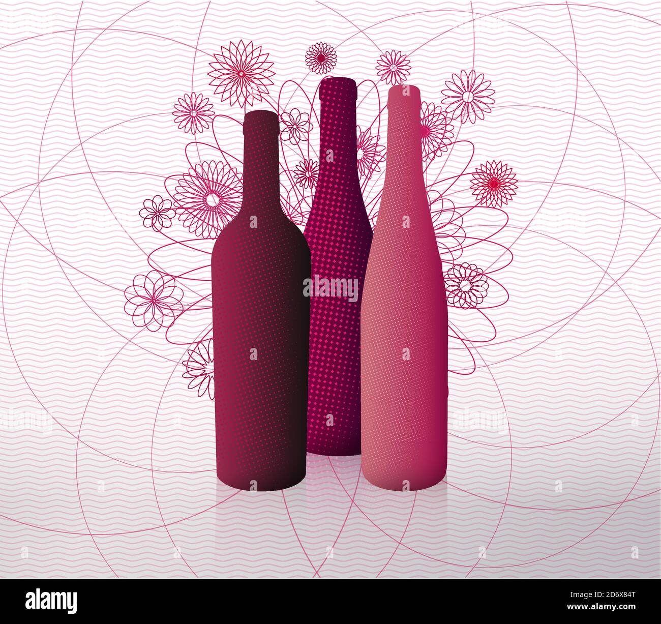Illustration of red wine bottles with volume. Background lines and